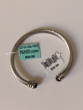 Stainless Steel Twist Cuff Bangle with Purple Accent